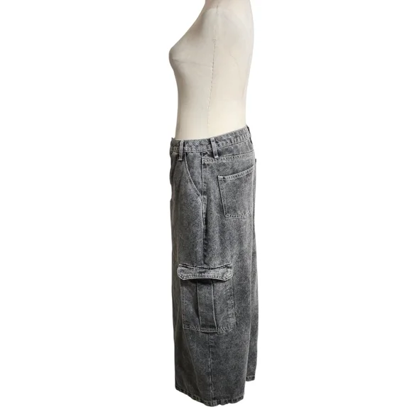 Love Fire Distressed Black  Denim Slit Maxi Cargo Skirt - Picture 5 of 7